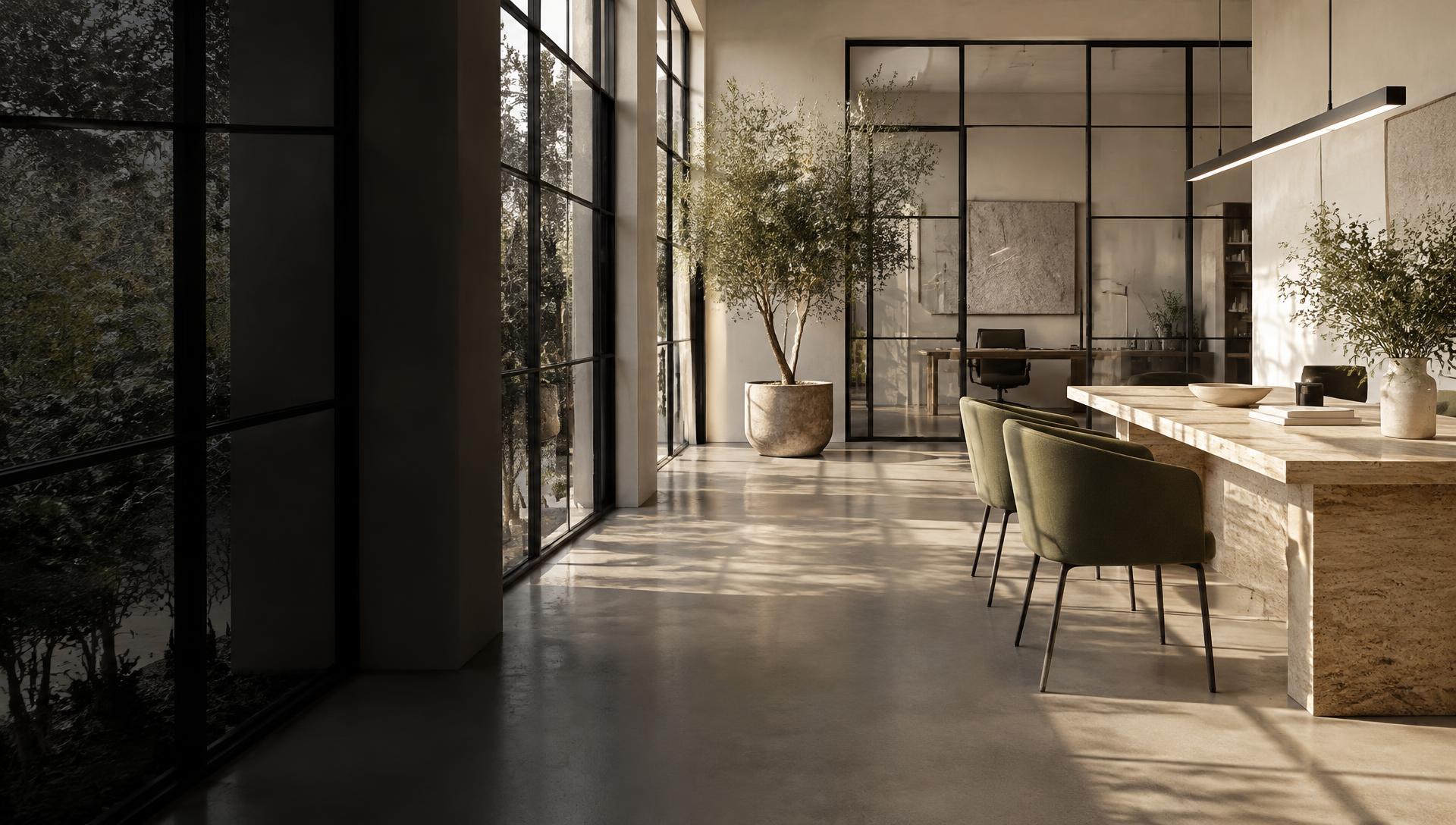 Sunlit contemporary business studio with a meeting table and floor-to-ceiling windows